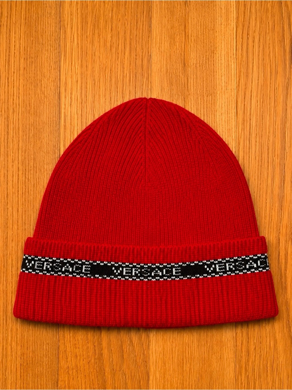 Versace Red Logo Tape Runway Beanie Hat